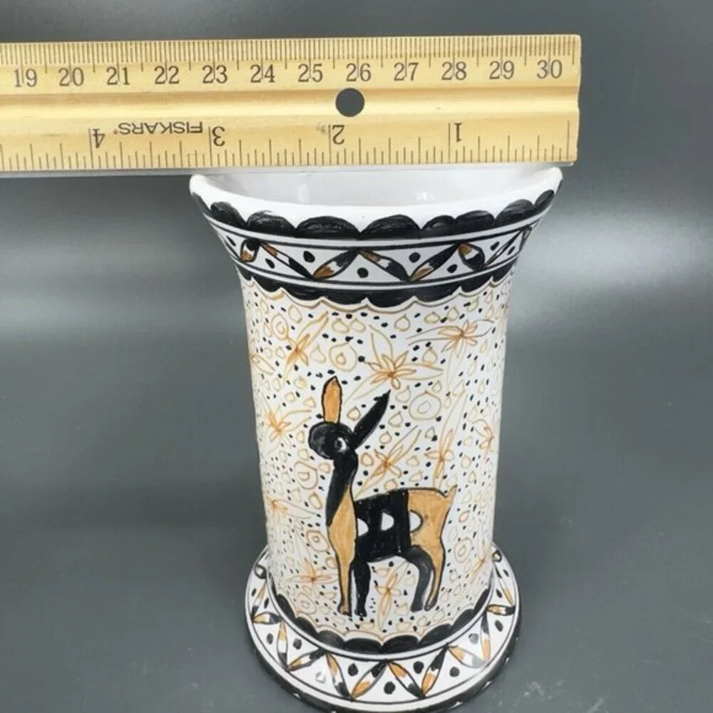 Vintage Portuguese Pottery Hand Painted Vase Vessel Deer Bunny‎ Scene Portugal